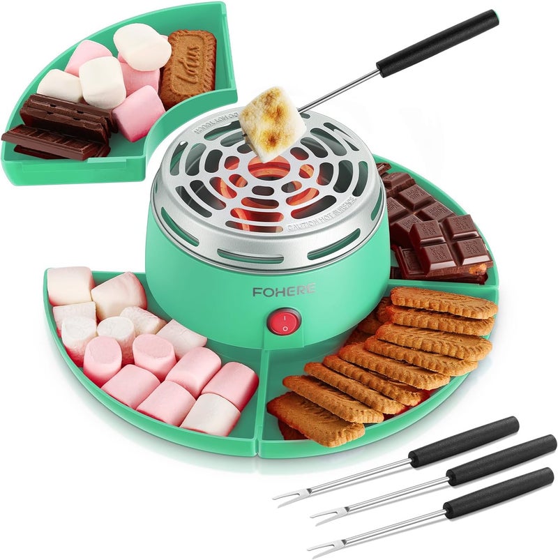 FOHERE Smores Maker Tabletop Indoor, Smores Kit with 4 Detachable Trays & Roasting Forks, Gift Set & Date Night Idea - Movie Night Supplies & Housewarming Gift, Green - Image 1